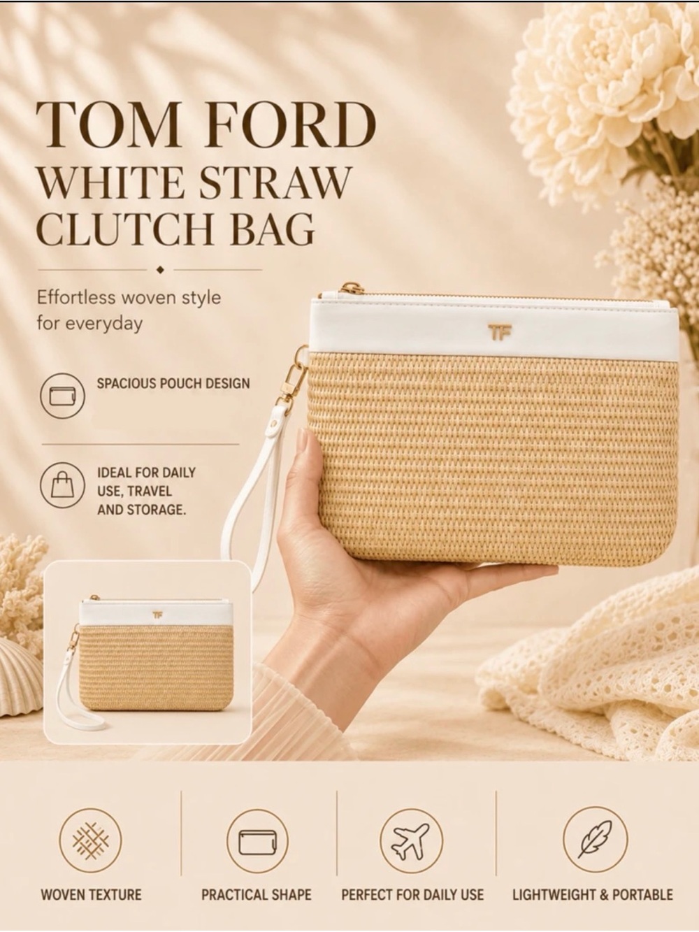 Tom Ford White and Natural Straw Wristlet Clutch